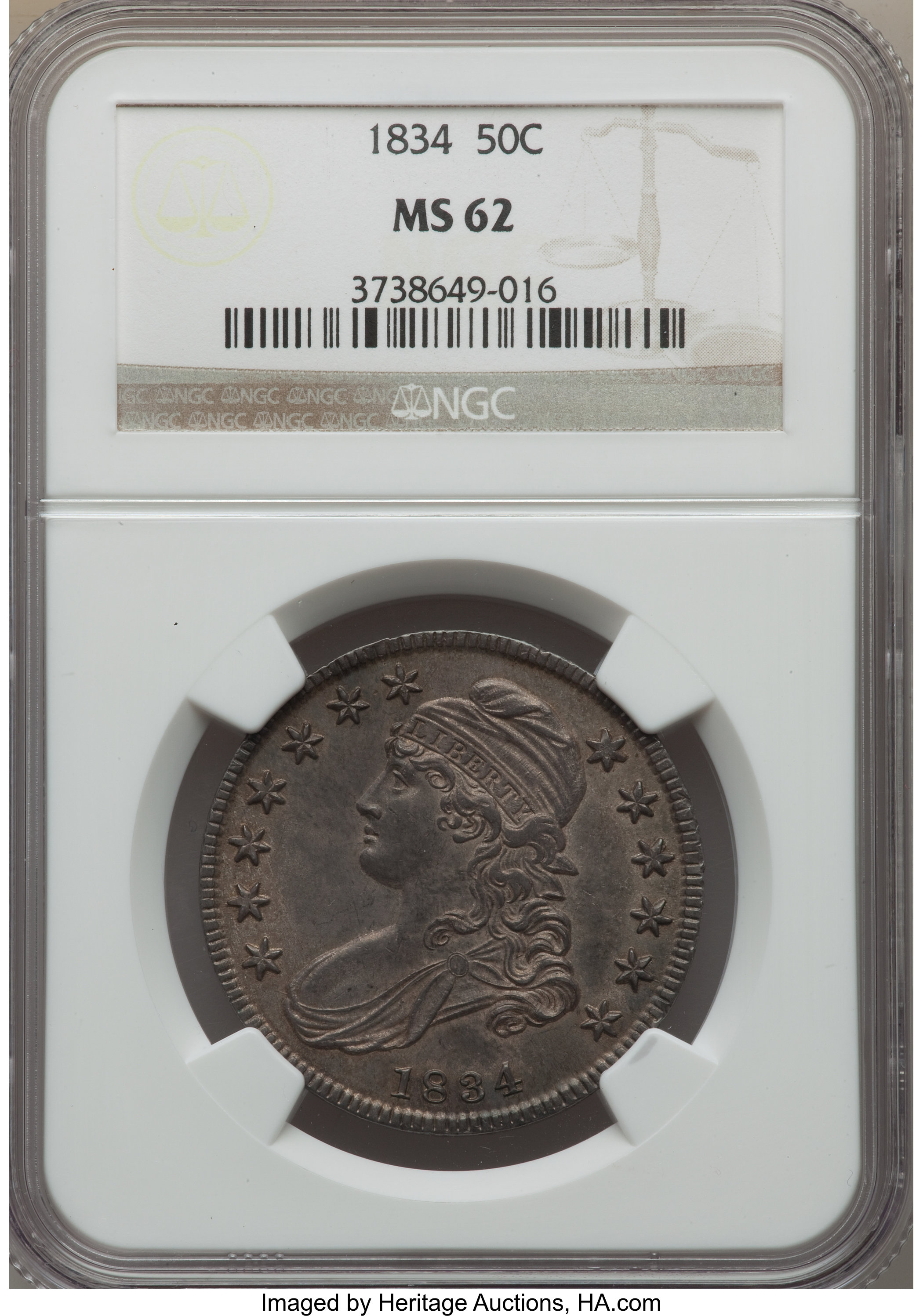 image for: 1834 50C Small Date, Small Letters, O-109, R.1, MS62 NGC....