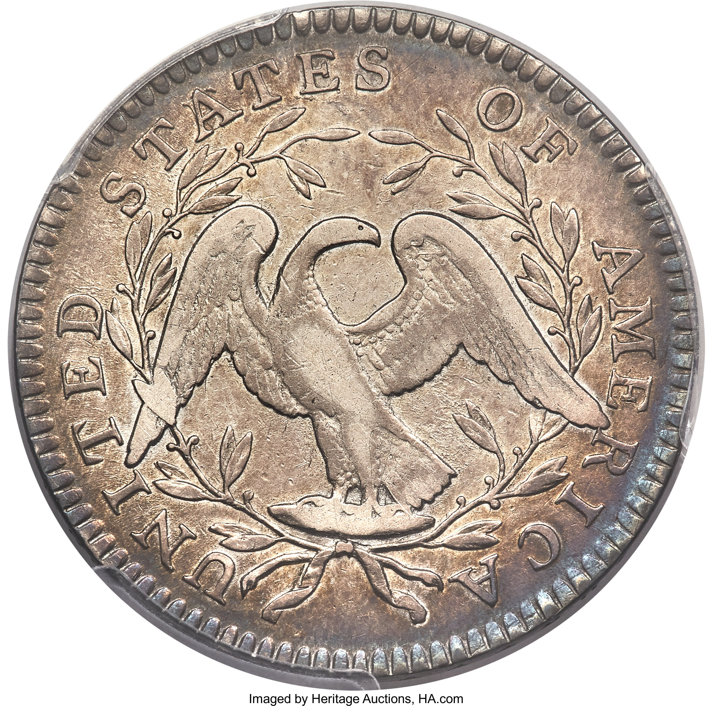 image for: 1795 50C 2 Leaves, A Over E in STATES, O-113a, T-14, R.4, VF35 PCGS....