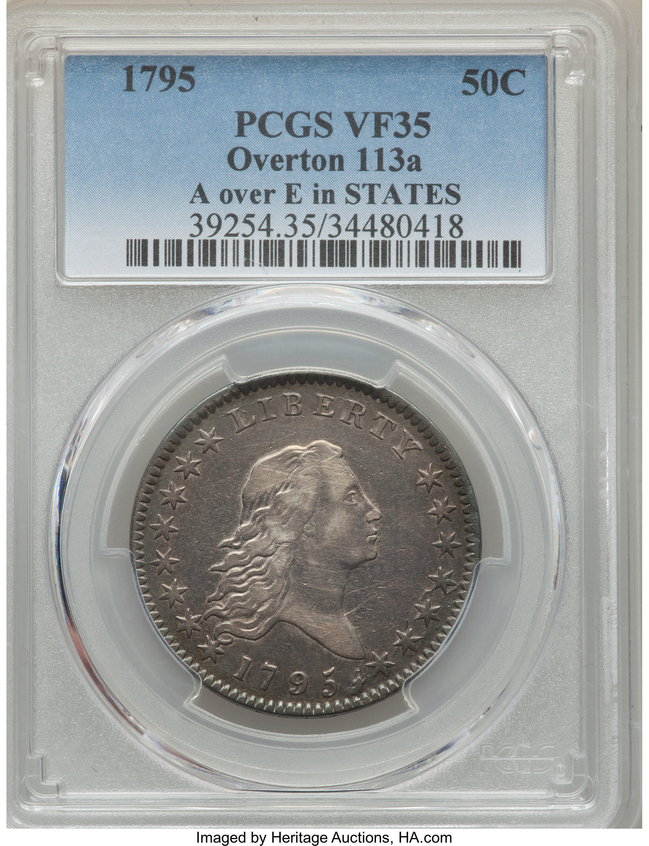 image for: 1795 50C 2 Leaves, A Over E in STATES, O-113a, T-14, R.4, VF35 PCGS....