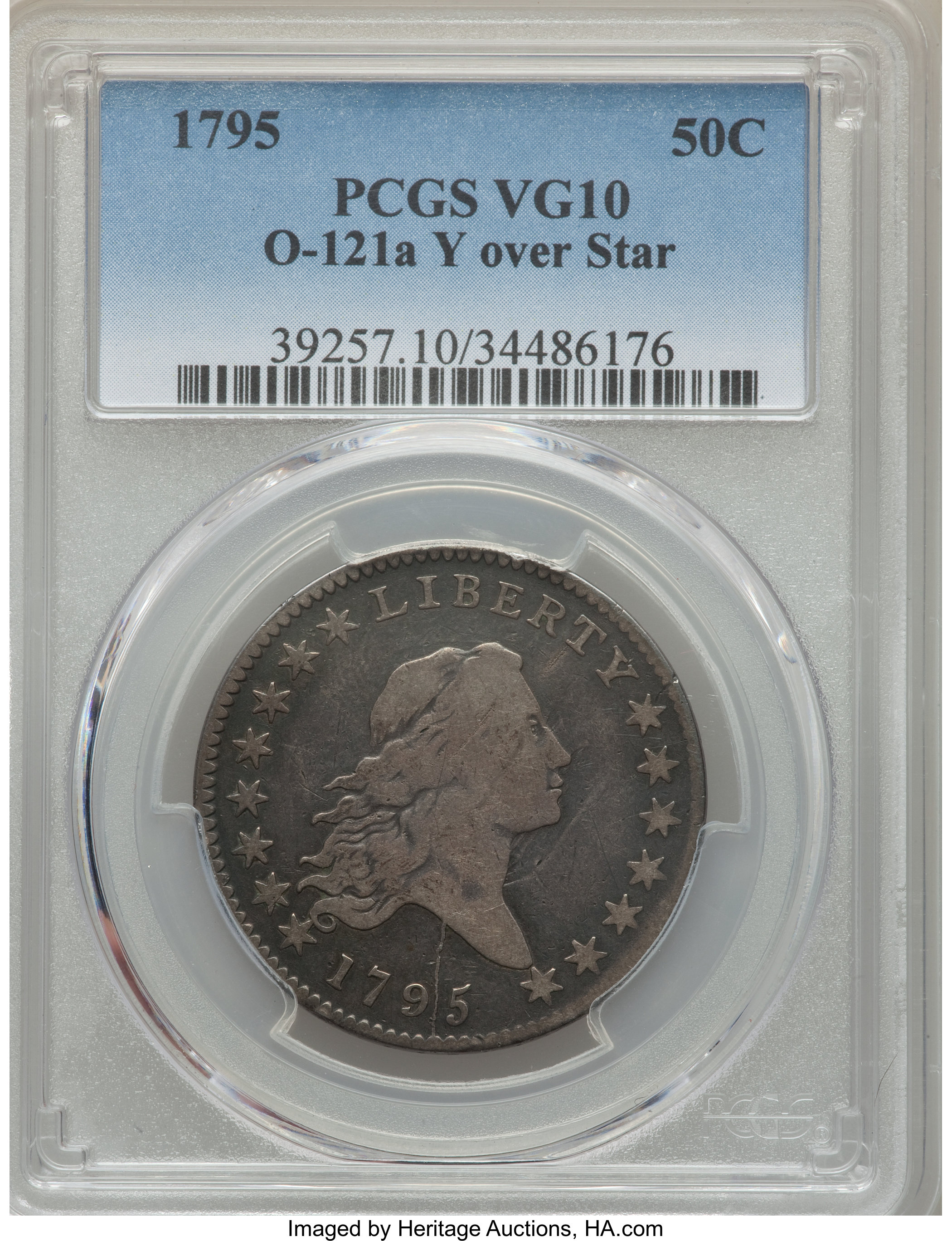 image for: 1795 50C 2 Leaves, Y Over Star, O-121a, T-2, R.6, VG10 PCGS....