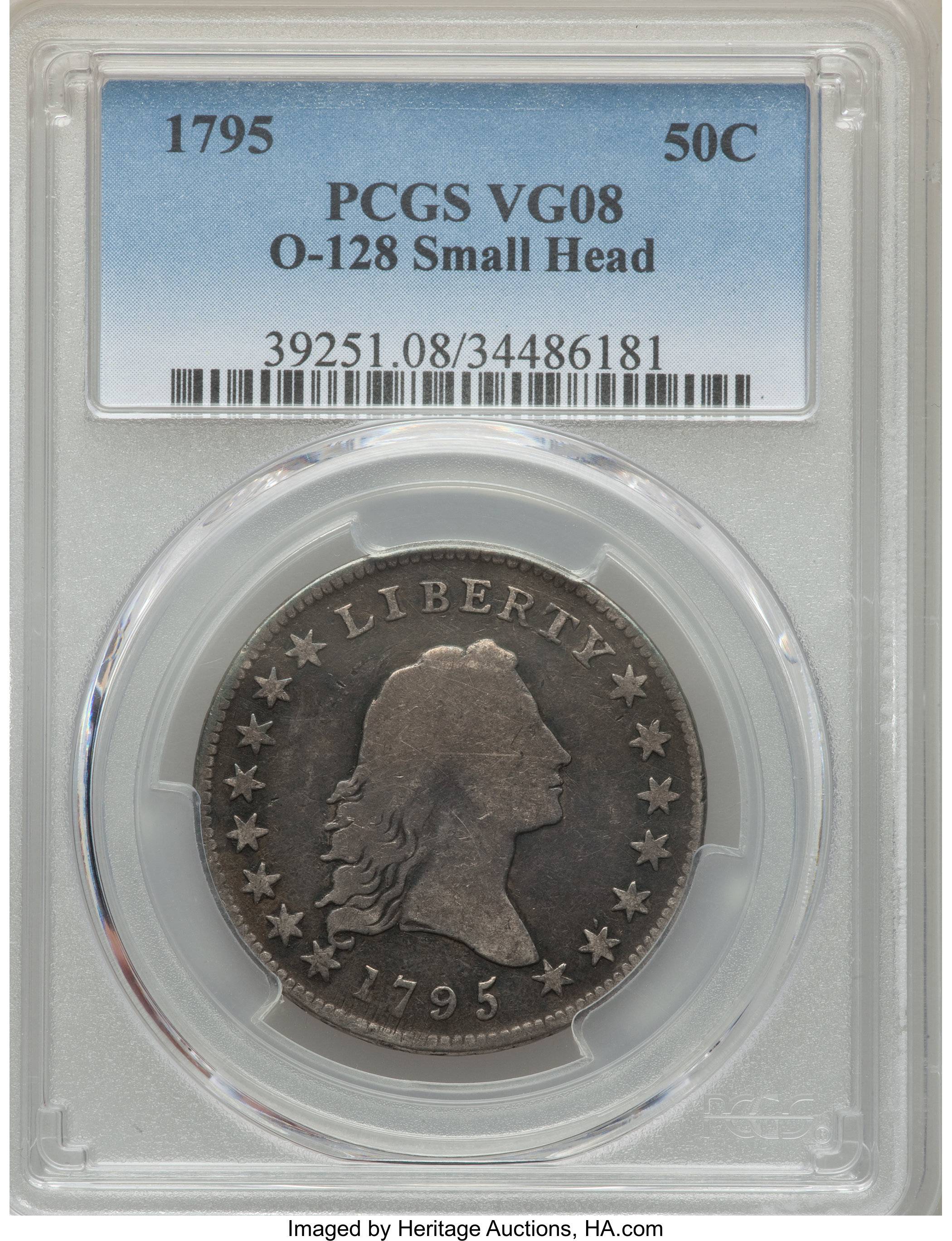 image for: 1795 50C 2 Leaves, Small Head, O-128, T-18, High R.5, VG8 PCGS....