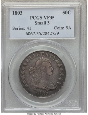 image for: 1803 50C Small 3, Large Reverse Stars, O-104, T-4, R.3, VF35 PCGS....