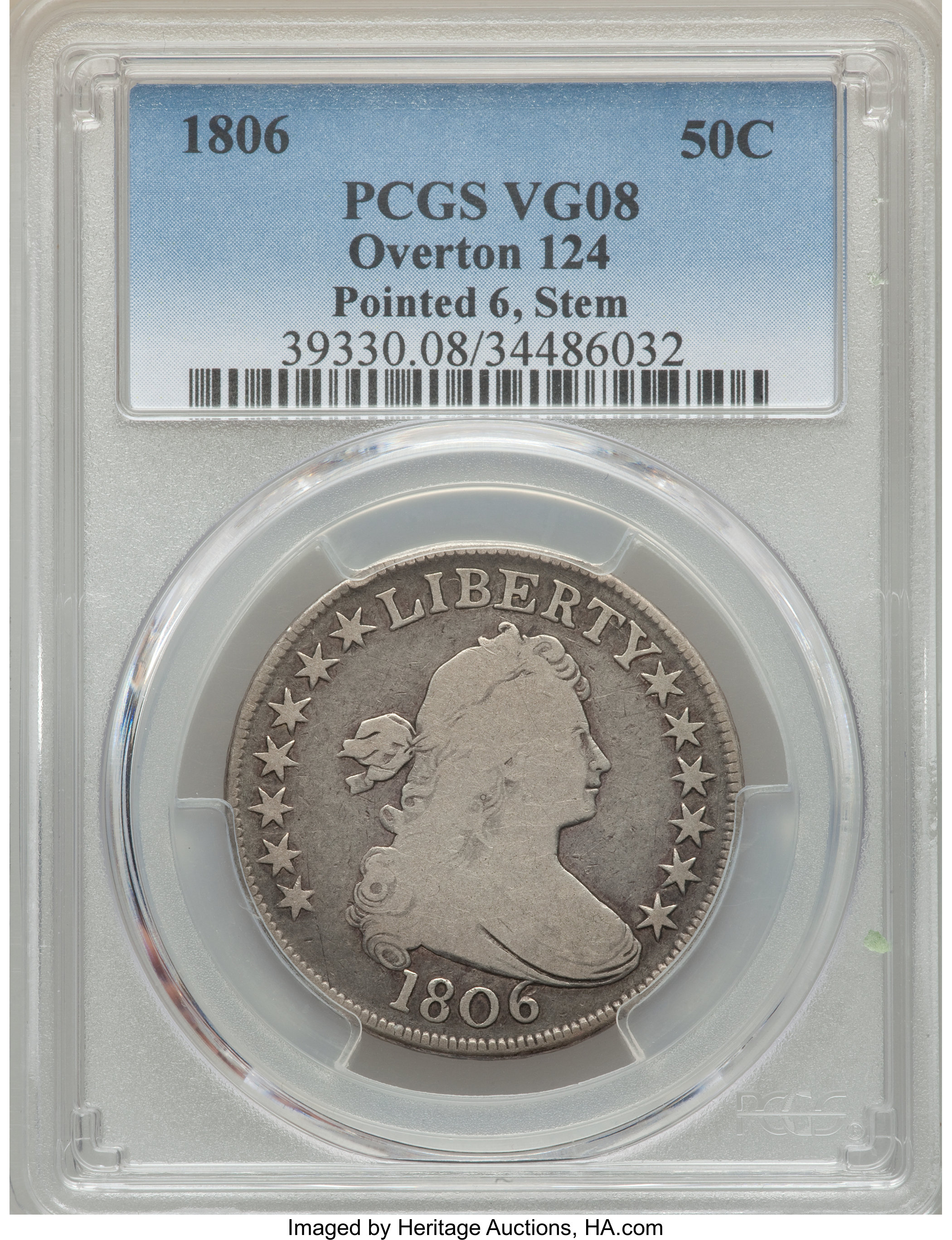 image for: 1806 50C E Over A in STATES, O-124, T-22, R.6, VG8 PCGS....