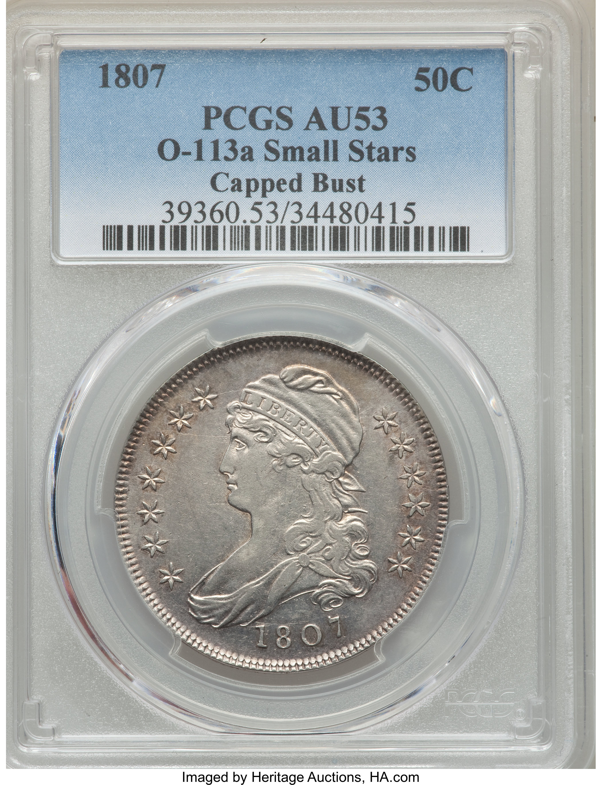 image for: 1807 50C Capped Bust, Small Stars, O-113a, R.3, AU53 PCGS....