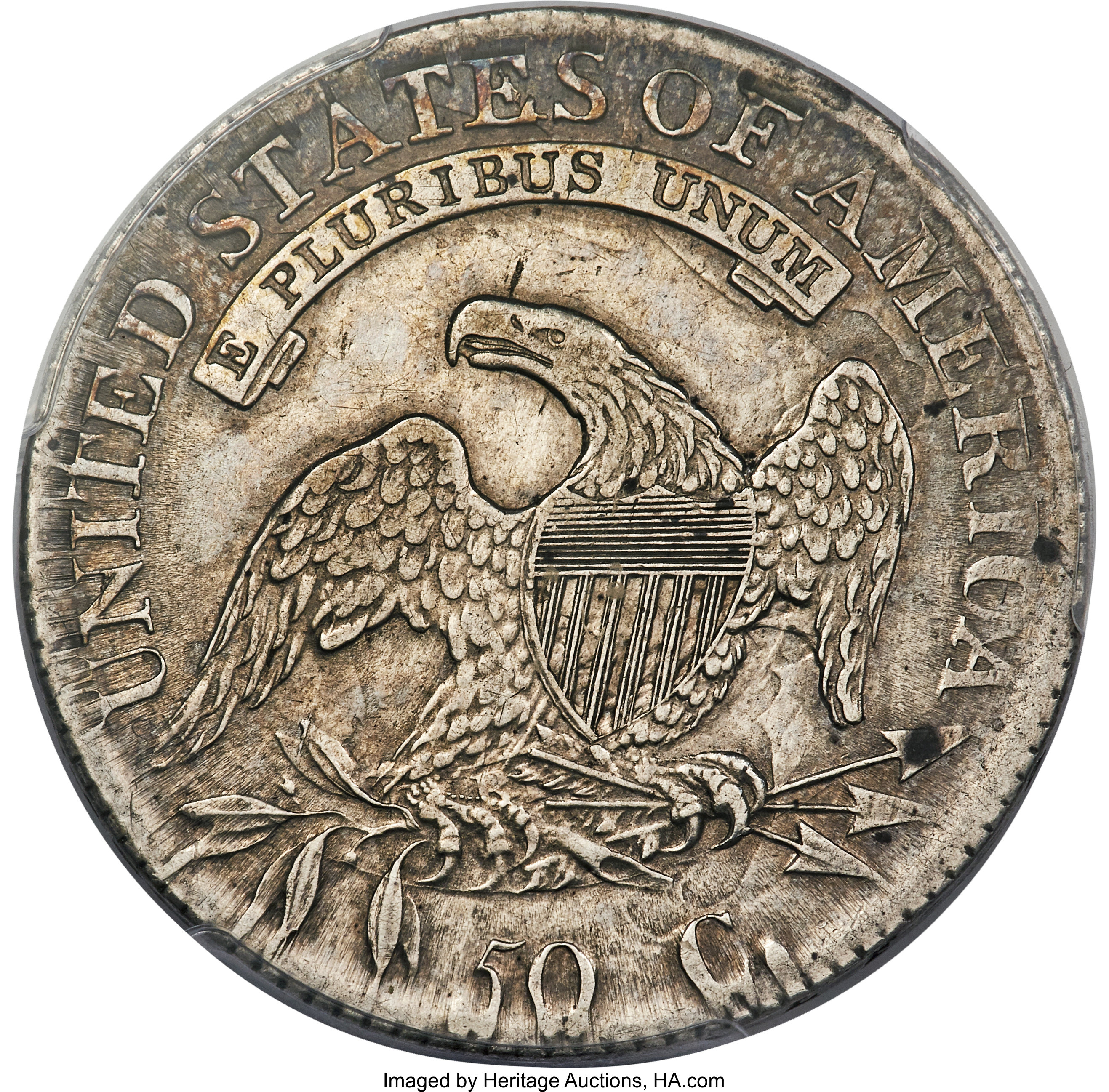 image for: 1814 50C E Over A in STATES, O-108a, R.1, AU53 PCGS....