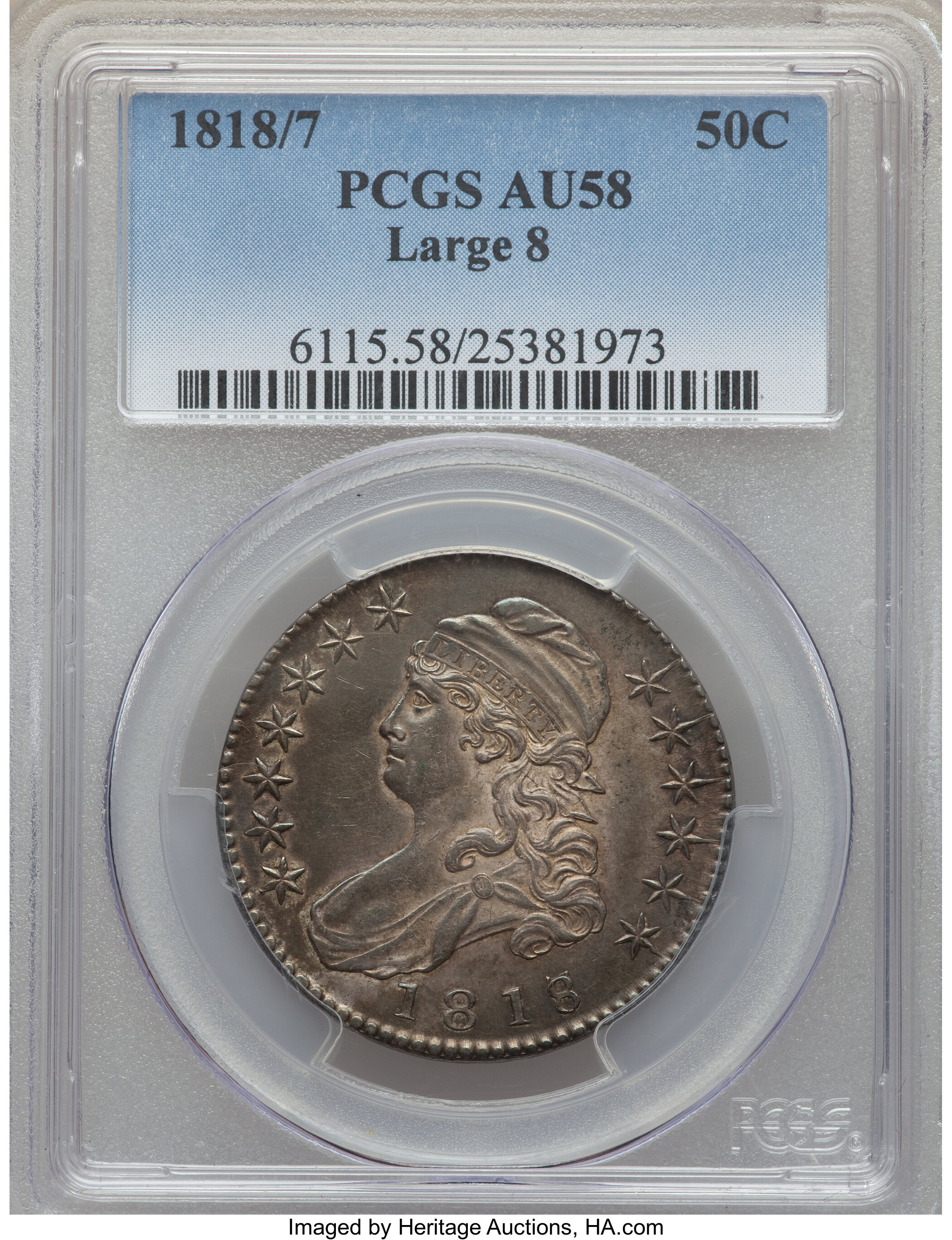 image for: 1818/7 50C Large 8, O-101a, R.1, AU58 PCGS....