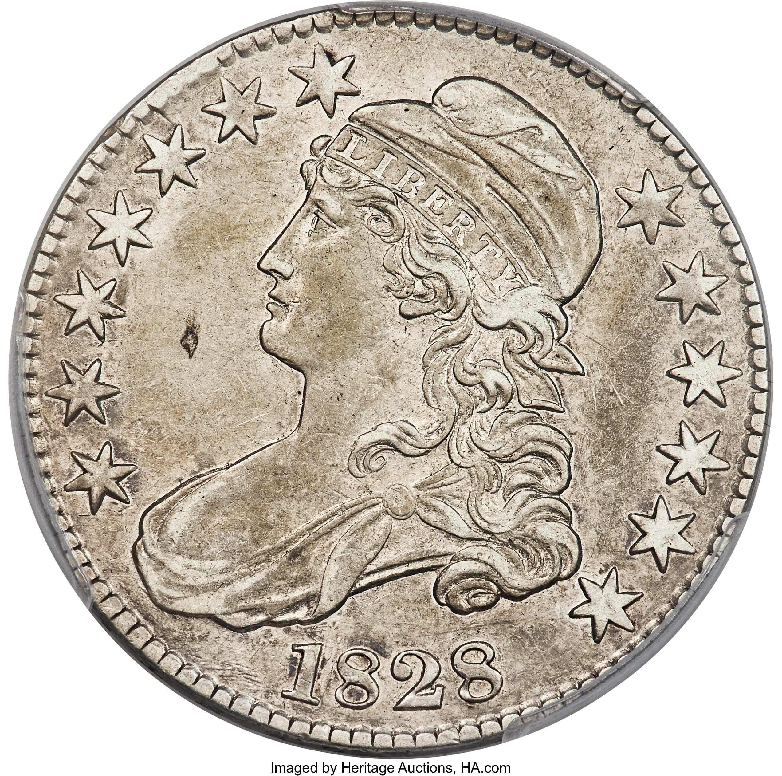 image for: 1828 50C Square Base 2, Small 8s, Large Letters, O-123a, R.5, XF40 PCGS....