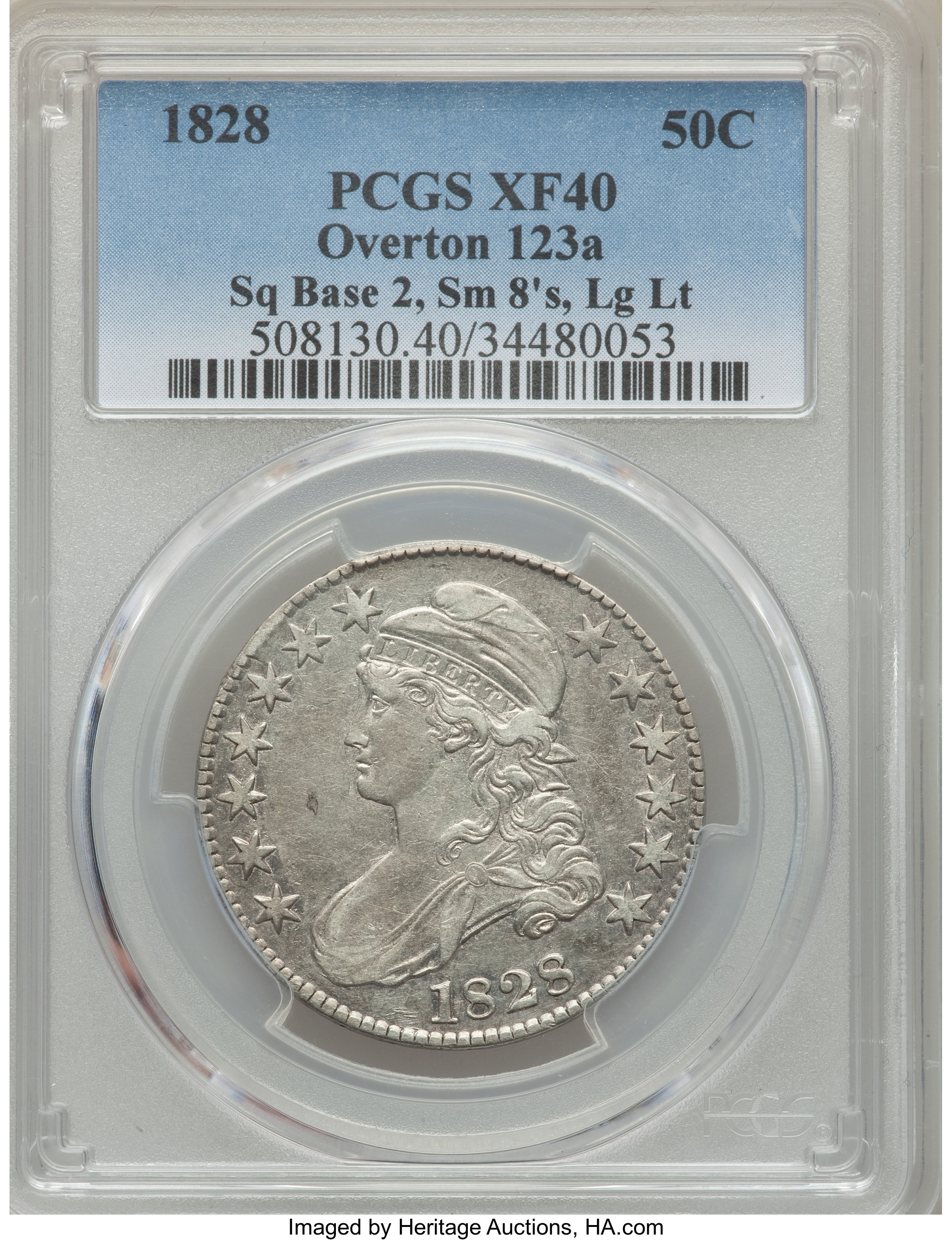 image for: 1828 50C Square Base 2, Small 8s, Large Letters, O-123a, R.5, XF40 PCGS....