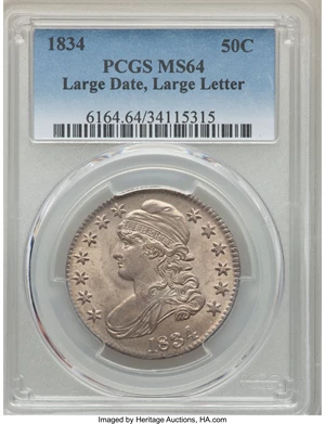 image for: 1834 50C Large Date, Large Letters, O-102, R.1, MS64 PCGS....
