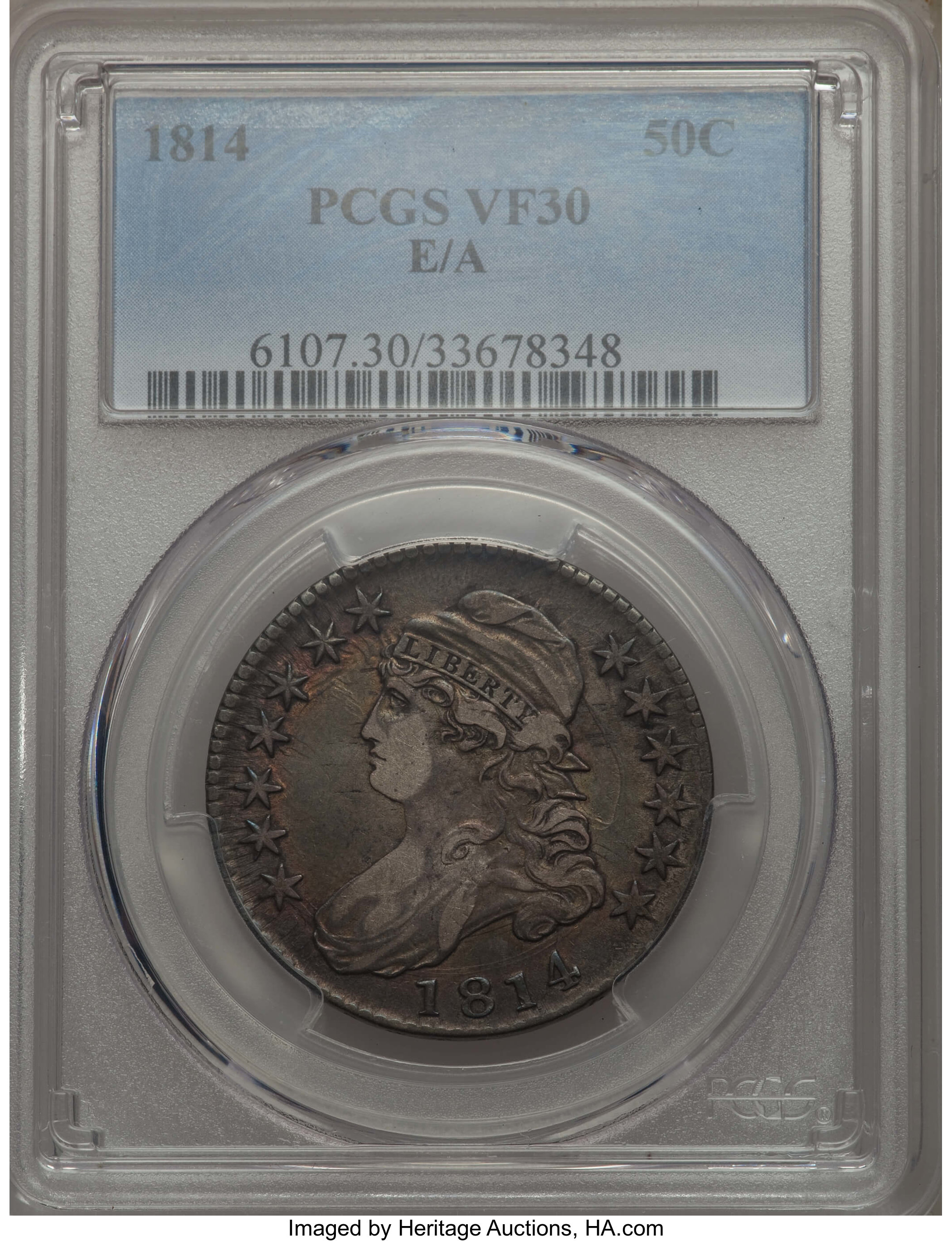 image for: 1814 50C E Over A in STATES, O-108a, R.1, VF30 PCGS. PCGS Population: (5/21). NGC Census: (3/10).  From The Southeast...