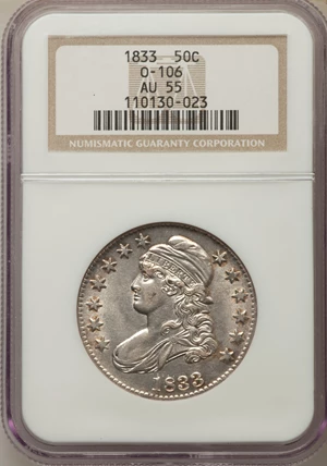 image for: 1833 50C O-106, R.2, AU55 NGC. NGC Census: (5/14). PCGS Population: (5/4). Mintage 5,206,000. ...