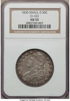 image for: 1830 50C Small 0, O-103, R.1, AU53 NGC. NGC Census: (4/29). PCGS Population: (4/6). Mintage 4,764,800. ...