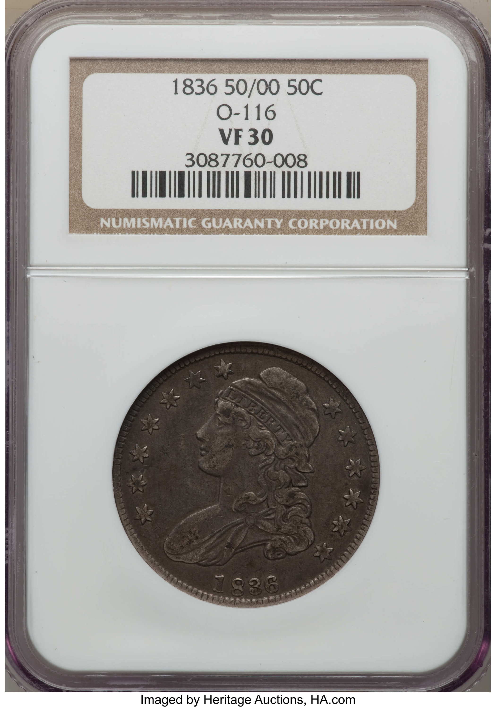 image for: 1836 50C 50/00, Lettered Edge, O-116, R.2, VF30 NGC. NGC Census: (2/44). PCGS Population: (0/22).  Mintage 6,545,000. ...