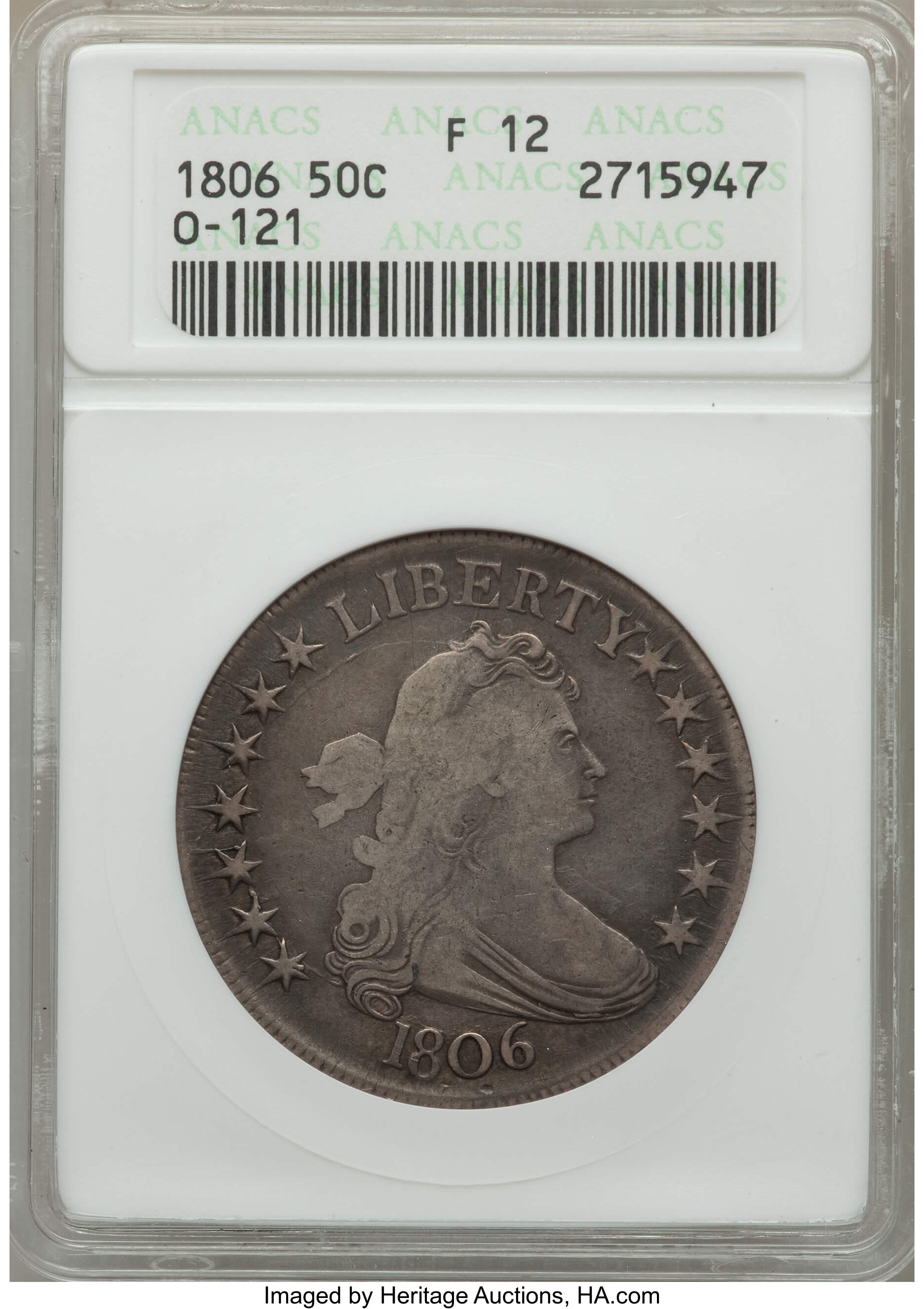 image for: 1806 50C Pointed 6, Stem, O-121, T-29, R.4, Fine 12 ANACS. NGC Census: (1/14). PCGS Population: (0/6). CDN: $300 Whsle. Bid...