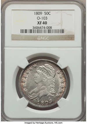 image for: 1809 50C Normal Edge, O-103, R.1, XF40 NGC. NGC Census: (2/23). PCGS Population: (3/18). CDN: $130 Whsle. Bid for problem-f...