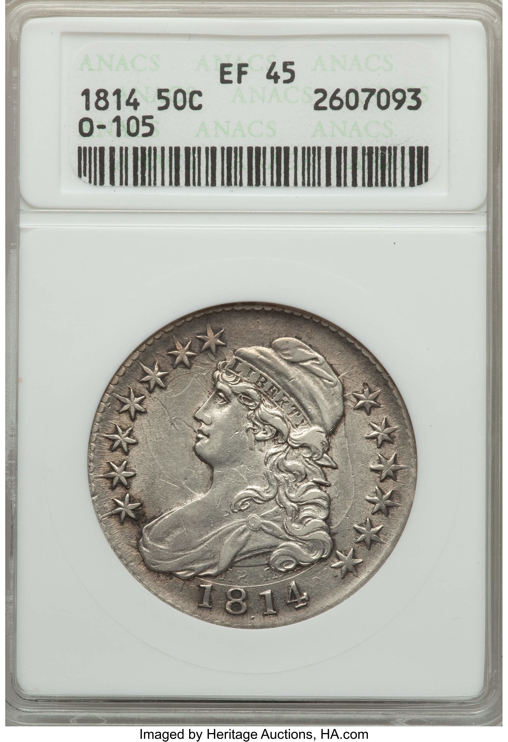 image for: 1814 50C O-105, R.2, XF45 ANACS. NGC Census: (6/8). PCGS Population: (0/6).  Mintage 1,000,000. ...