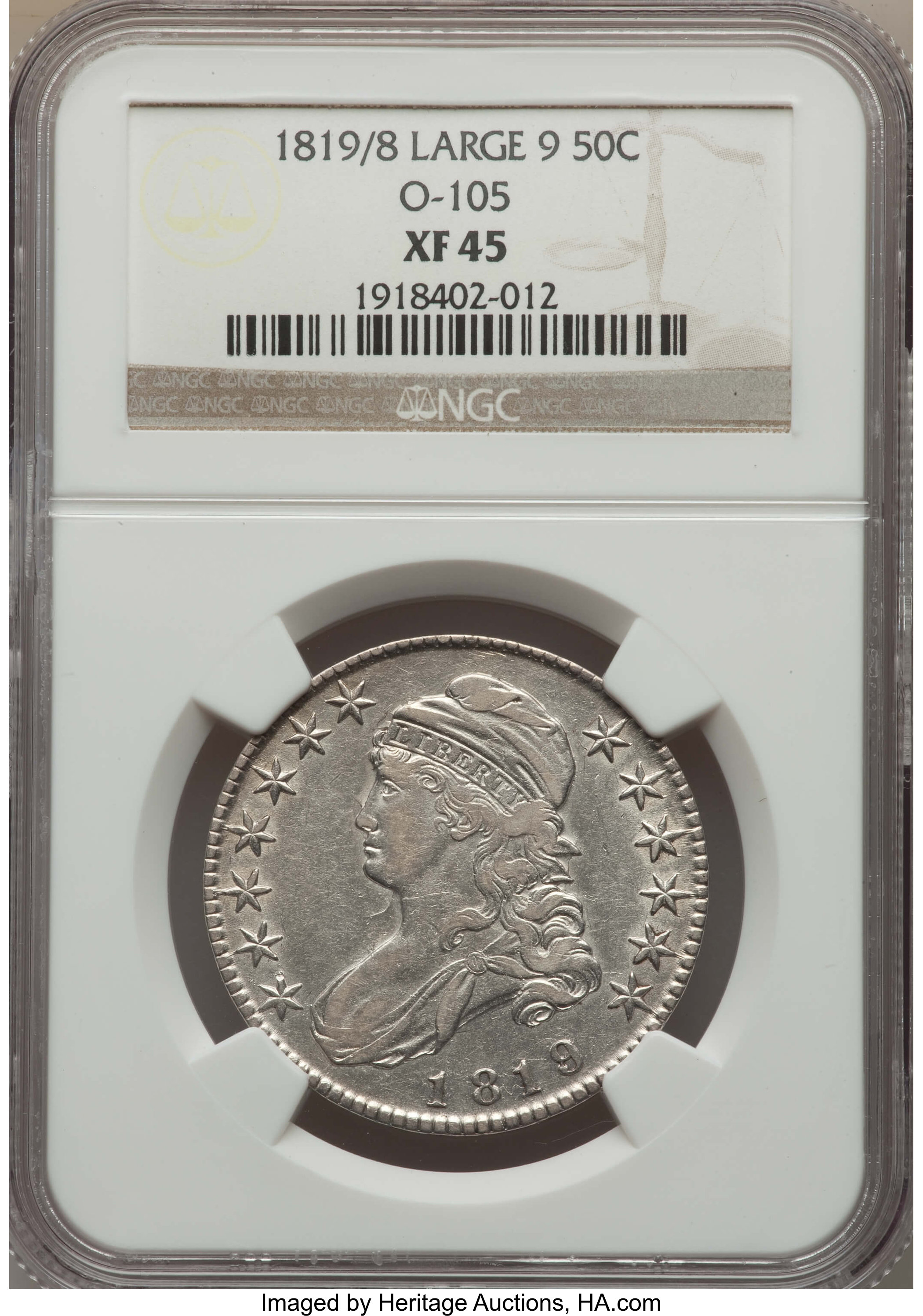 image for: 1819/8 50C Large 9, O-105, R.2, XF45 NGC. NGC Census: (9/8). PCGS Population: (3/6).  ...