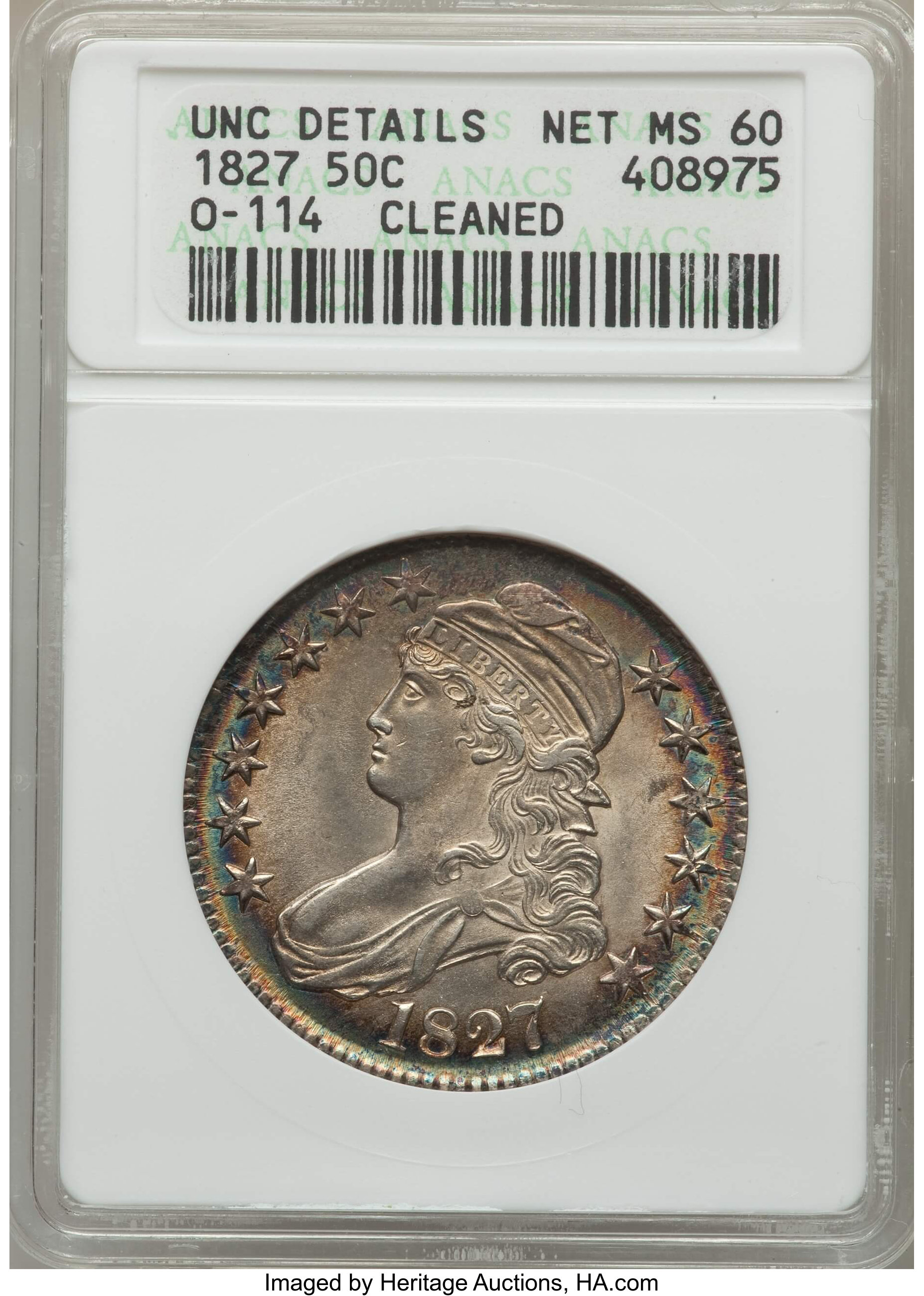 image for: 1827 50C Square Base 2, O-114, R.3, -- Cleaned -- ANACS. UNC Details, Net MS60. NGC Census: (0/8). PCGS Population: (0/1). ...