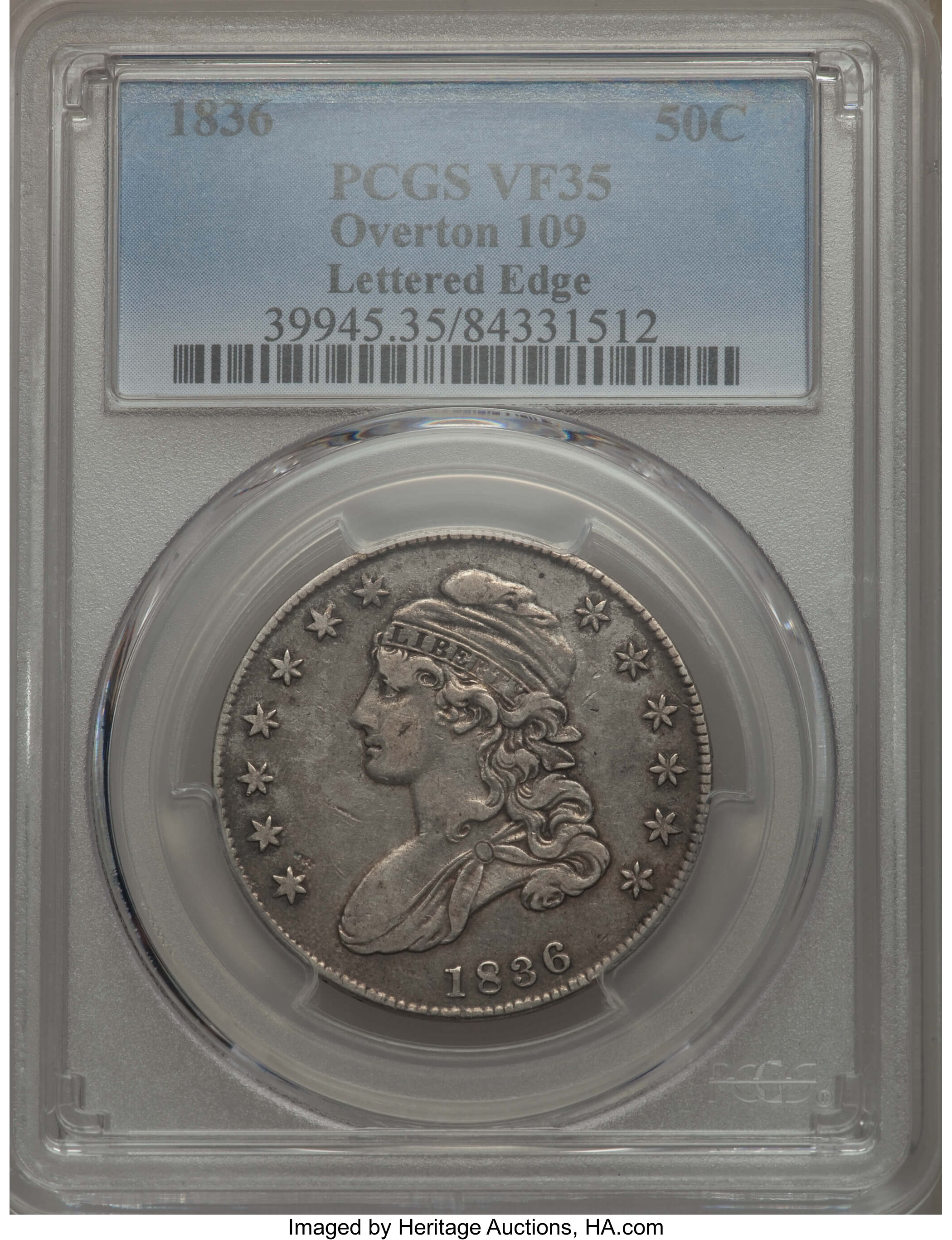 image for: 1836 50C Lettered Edge, O-109, R.3, VF35 PCGS. PCGS Population: (1/9). NGC Census: (2/16).  Mintage 6,545,000. ...