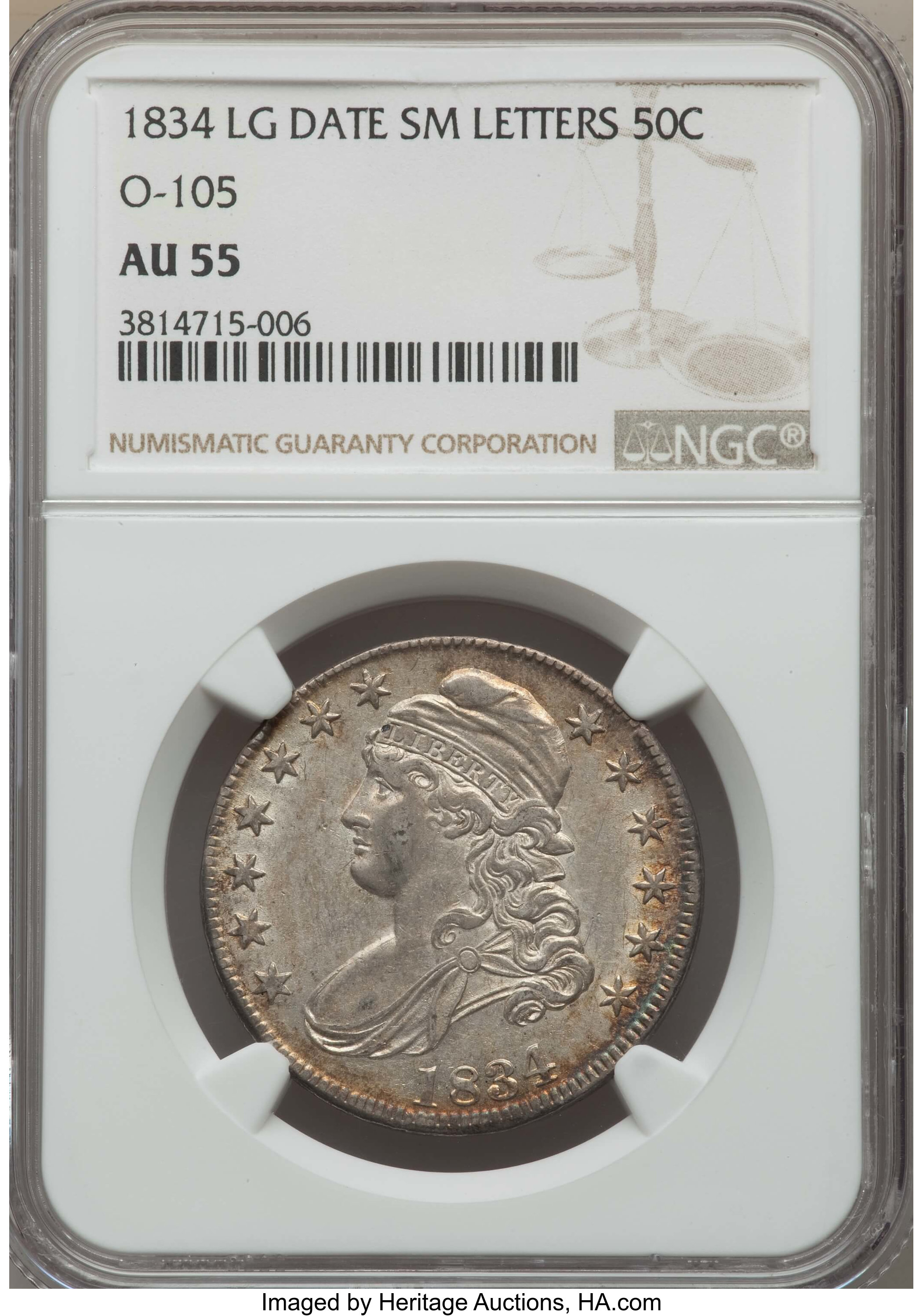 image for: 1834 50C Large Date, Small Letters, O-105, R.1, AU55 NGC. NGC Census: (6/22). PCGS Population: (6/5). Bid for problem-free ...