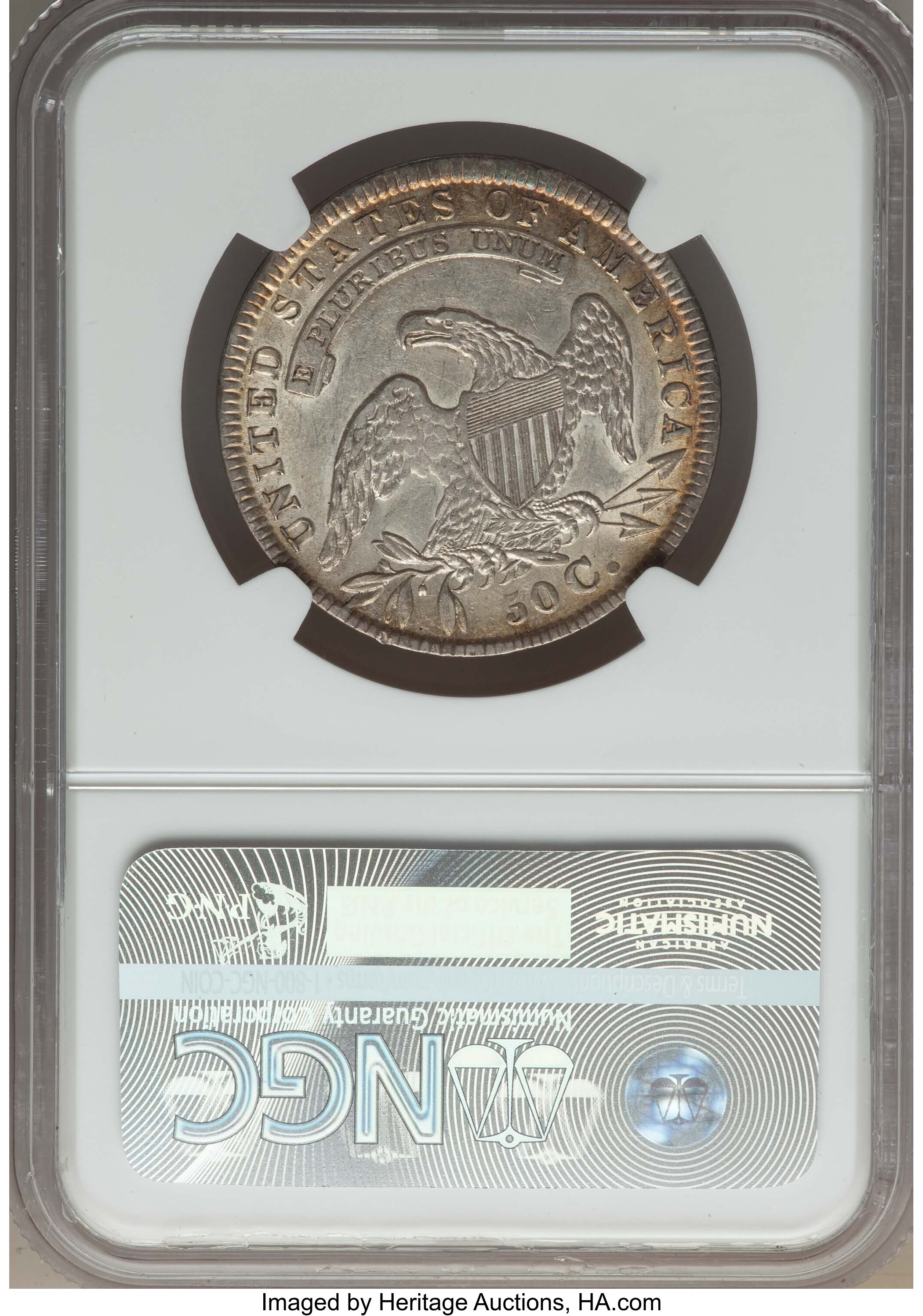 image for: 1834 50C Large Date, Small Letters, O-105, R.1, AU55 NGC. NGC Census: (6/22). PCGS Population: (6/5). Bid for problem-free ...