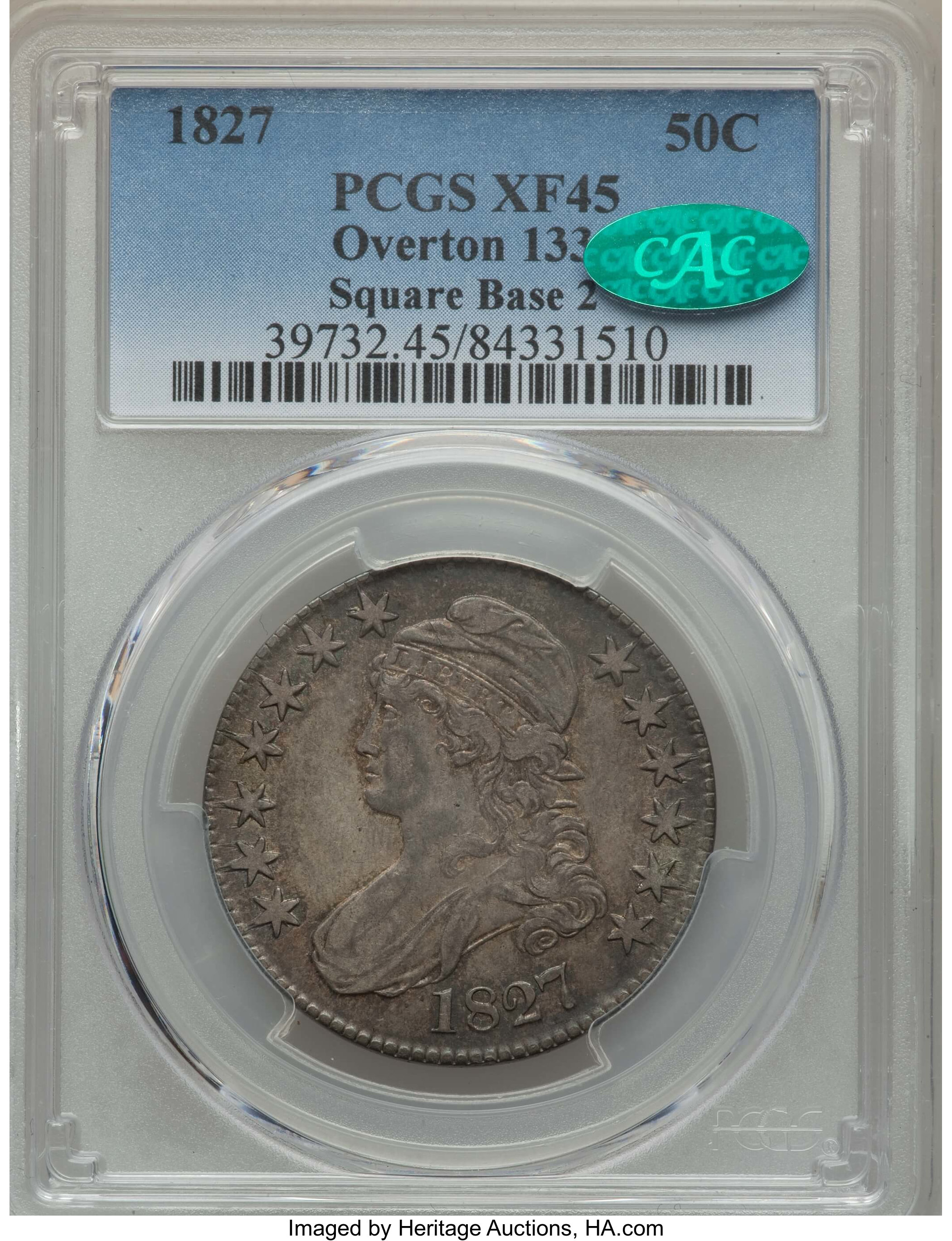 image for: 1827 50C Square Base 2, O-133, R.4, XF45 PCGS. CAC. PCGS Population: (2/7). NGC Census: (2/7). CDN: $190 Whsle. Bid for pro...