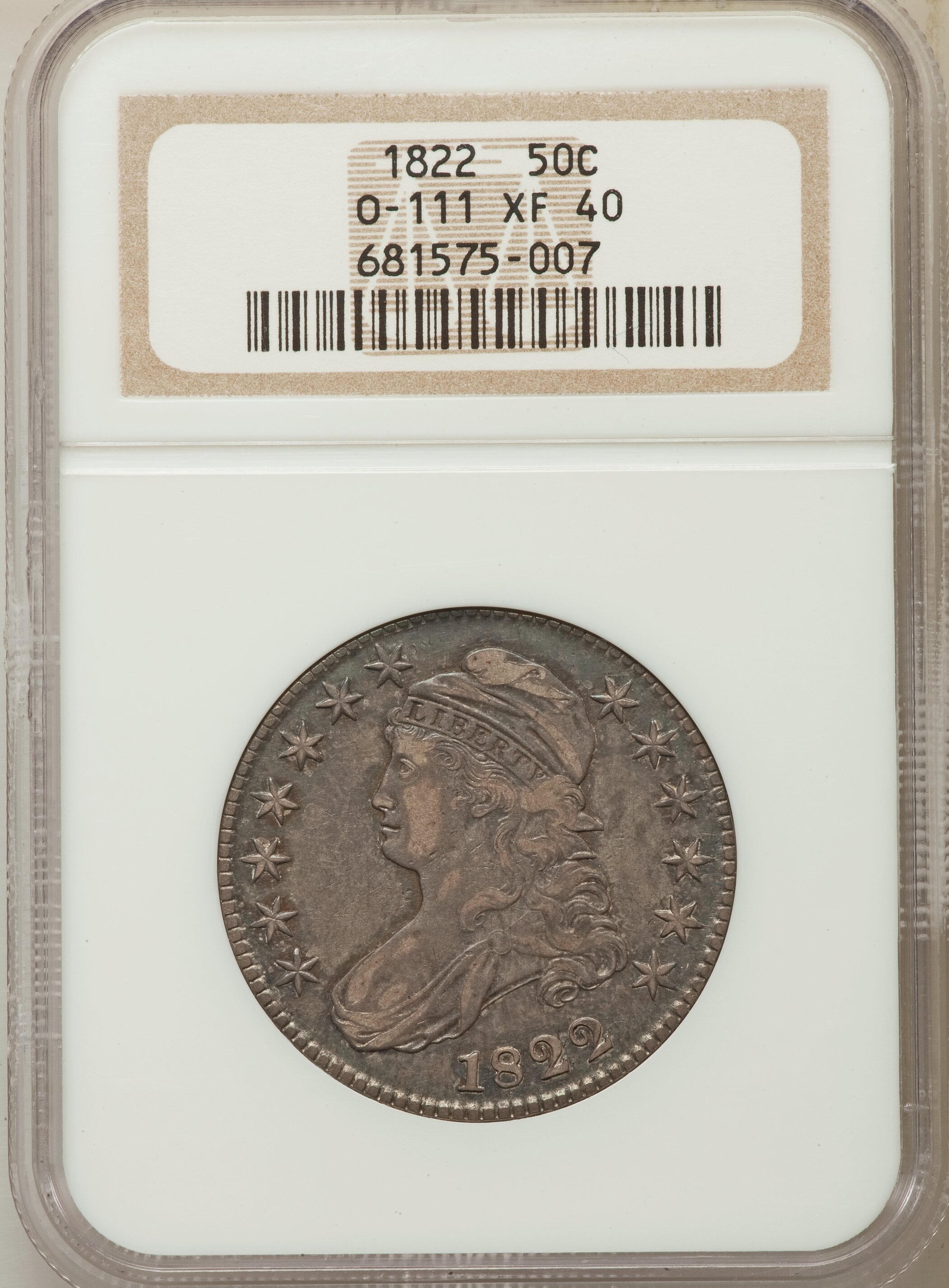 image for: 1822 50C O-111, R.2, XF40 NGC. NGC Census: (3/18). PCGS Population: (0/16). XF40. Mintage 1,559,573. ...