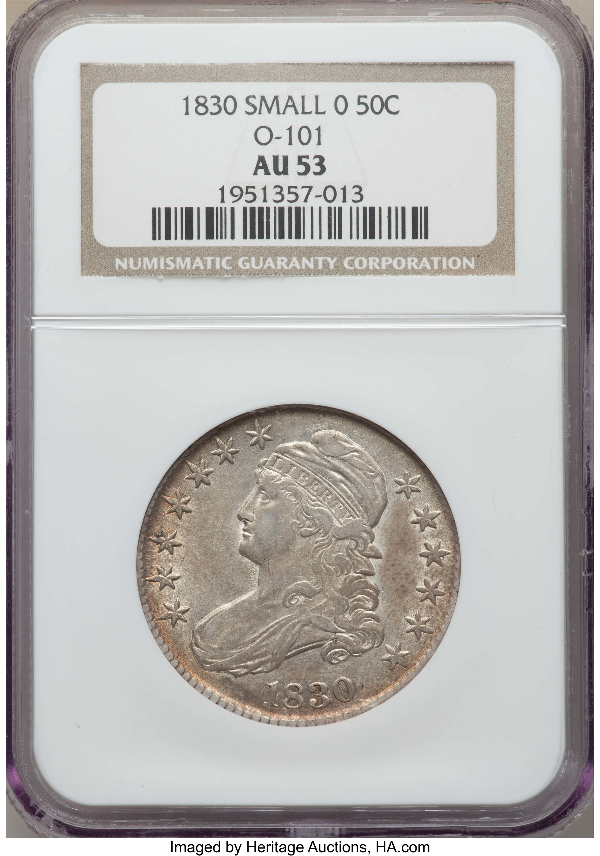 image for: 1830 50C Small 0, O-101, R.1, AU53 NGC. NGC Census: (8/27). PCGS Population: (1/6). AU53. Mintage 4,764,800. ...