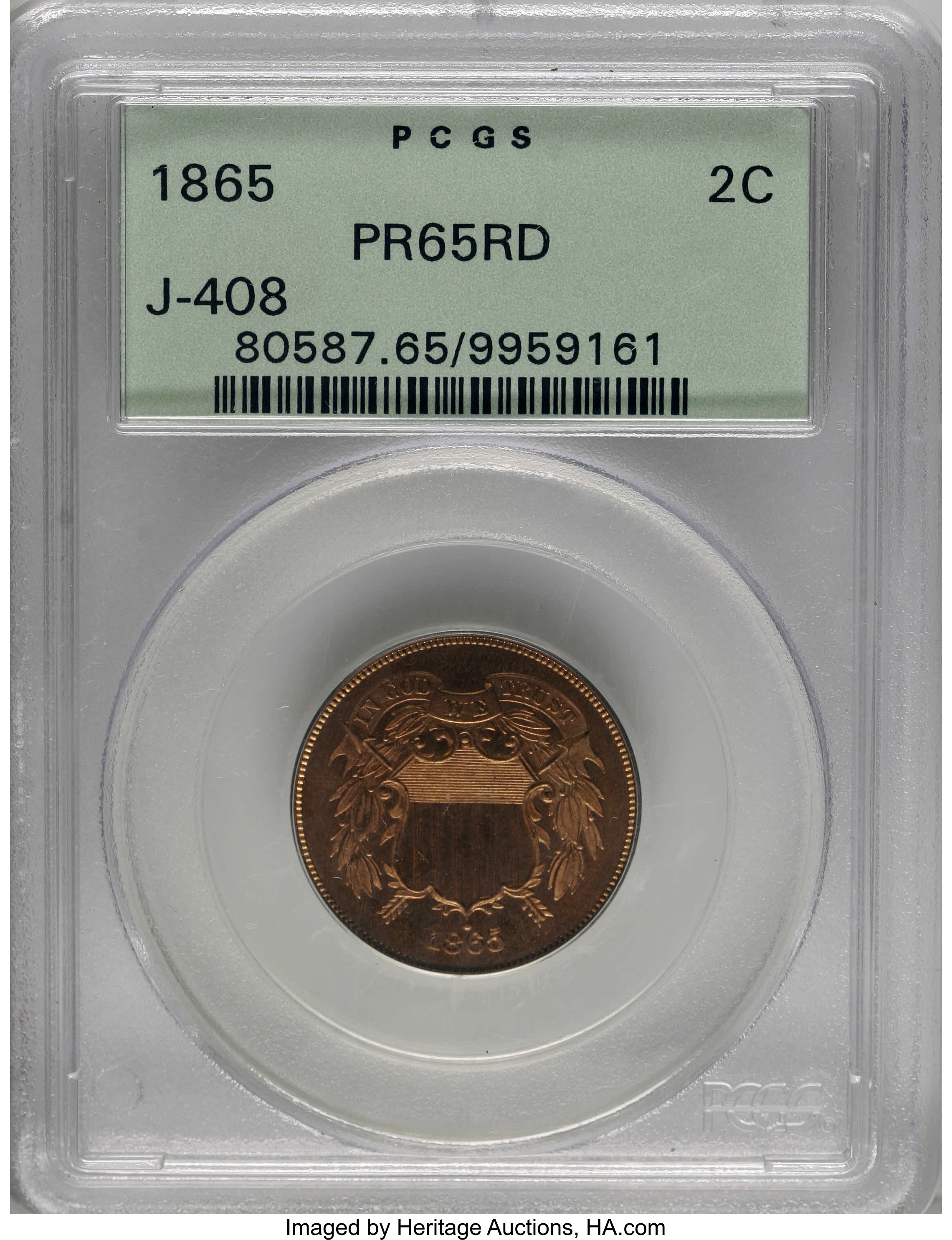 image for: 1865 2C Two Cent, Judd-408, Unlisted in Pollock, PR65 Red PCGS....