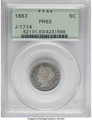 image for: 1883 5C Liberty Head Five Cents, Judd-1714, Pollock-1919, Low R.6, PR63 PCGS....