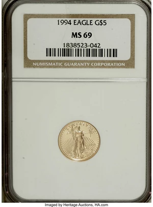 image for: 1994 G$5 Tenth-Ounce Gold Eagle MS69 NGC. NGC Census: (1671/428). PCGS Population (831/5). Mintage: 206,380. Numismedia Wsl...