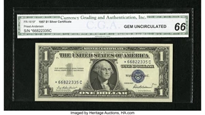 image for: Fr. 1619* $1 1957 Silver Certificate Star. CGA Gem Uncirculated 66....