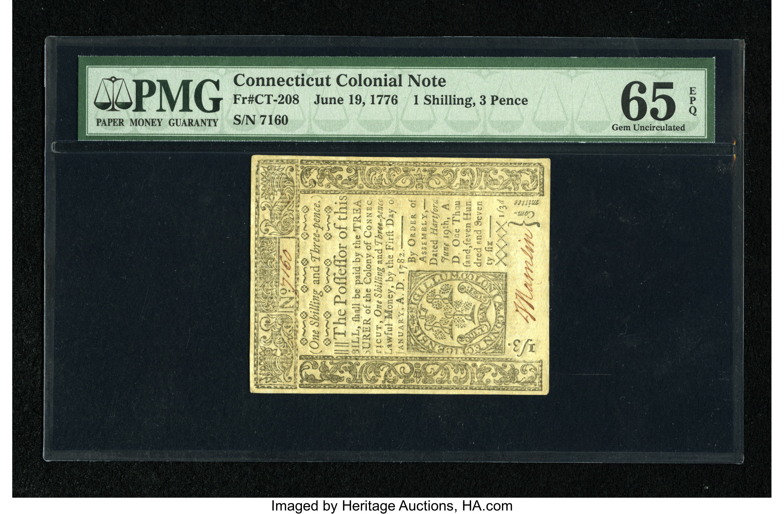 image for: Connecticut June 19, 1776 1s/3d Uncancelled PMG Gem Uncirculated 65 EPQ....
