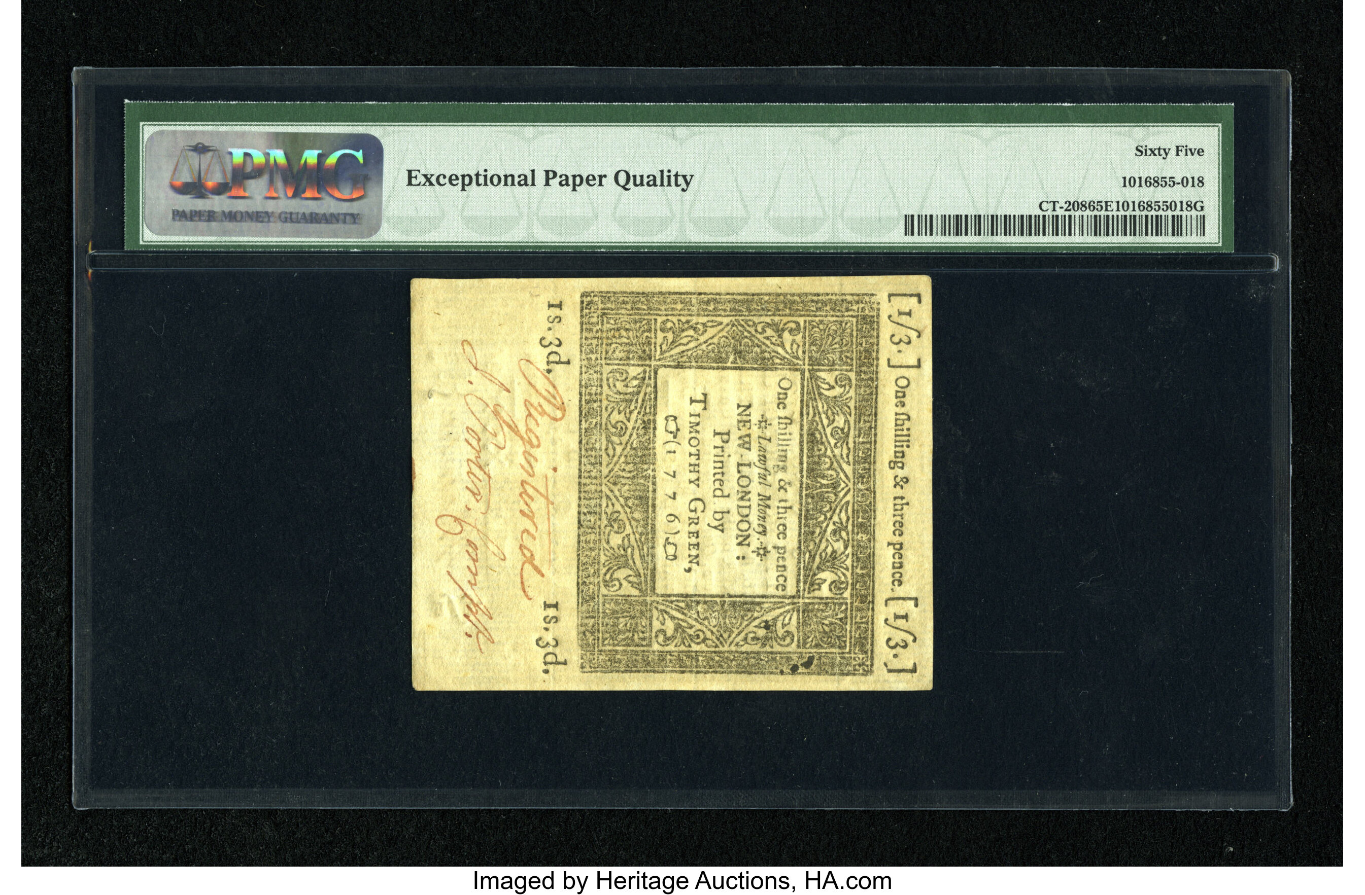 image for: Connecticut June 19, 1776 1s/3d Uncancelled PMG Gem Uncirculated 65 EPQ....