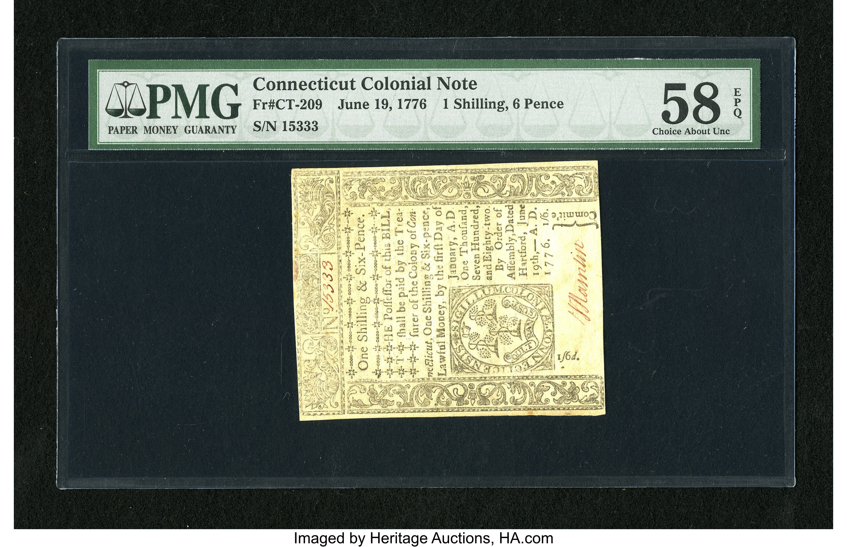 image for: Connecticut June 19, 1776 1s/6d Uncancelled PMG Choice About Unc 58 EPQ....