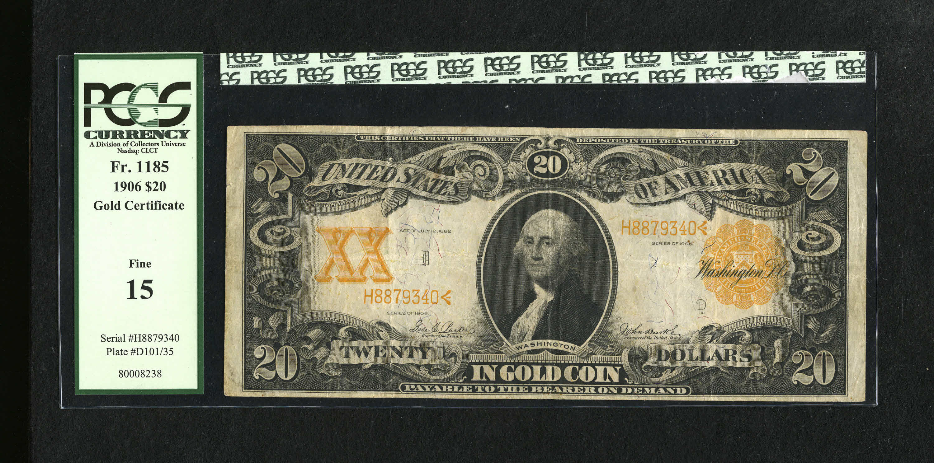 image for: Fr. 1185 $20 1906 Gold Certificate PCGS Fine 15....