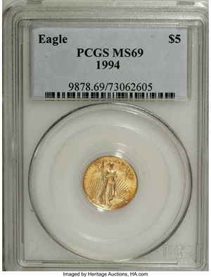 image for: 1994 G$5 Tenth-Ounce Gold Eagle MS69 PCGS. PCGS Population (831/5). NGC Census: (1671/428). Mintage: 206,380. Numismedia Ws...