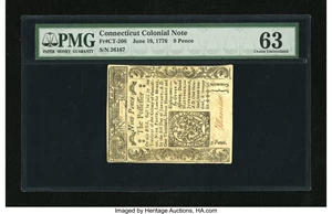 image for: Connecticut June 19, 1776 9d Uncancelled PMG Choice Uncirculated 63.