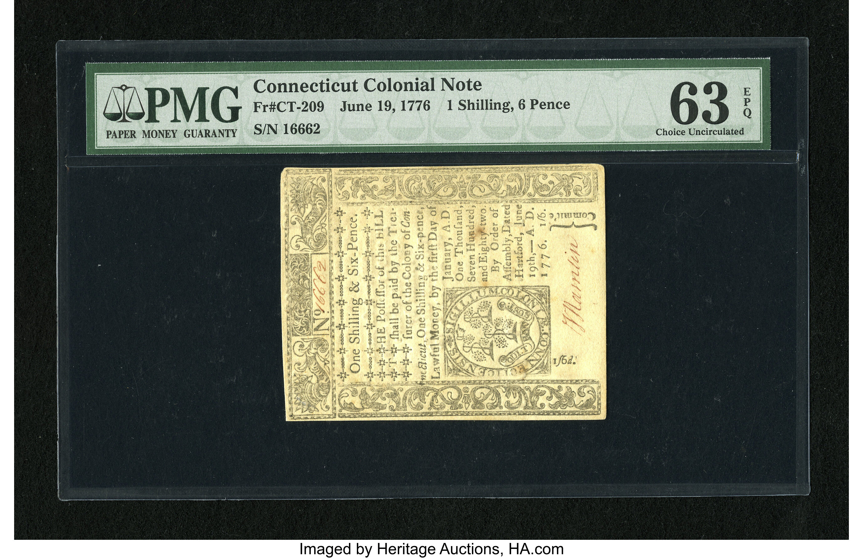 image for: Connecticut June 19, 1776 1s/6d Uncancelled PMG Choice Uncirculated 63 EPQ.