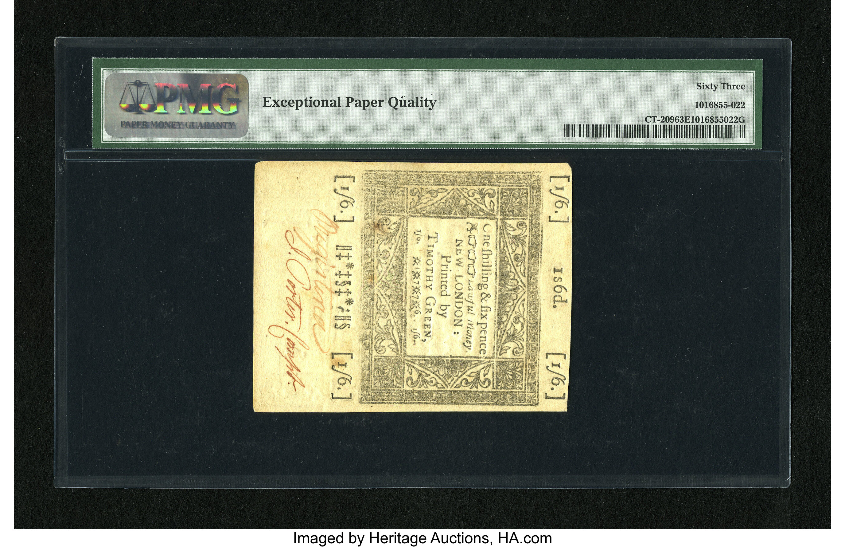 image for: Connecticut June 19, 1776 1s/6d Uncancelled PMG Choice Uncirculated 63 EPQ.