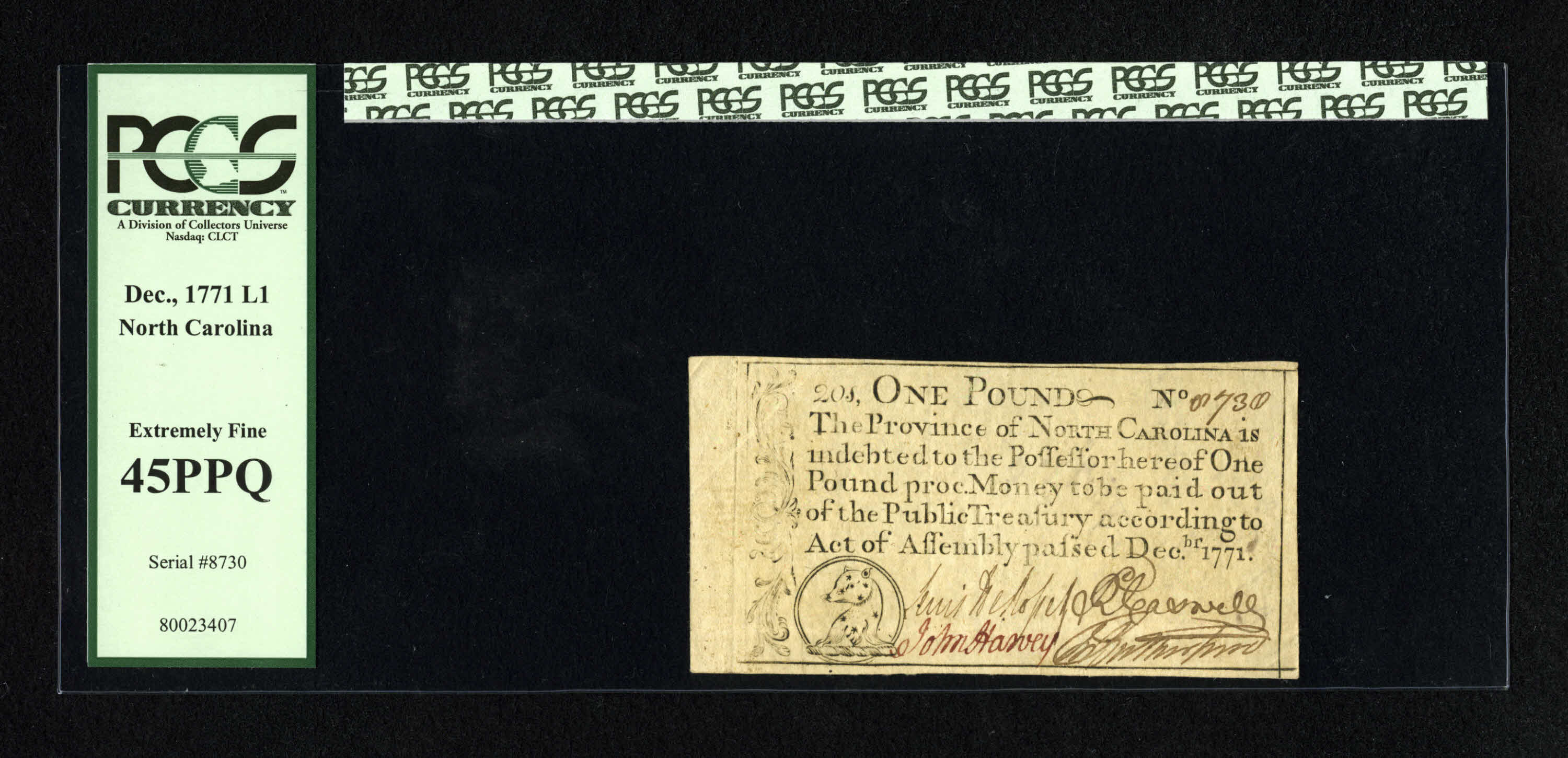 image for: North Carolina December, 1771 £1 PCGS Extremely Fine 45PPQ....