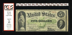 image for: Fr. 63 $5 1863 Legal Tender PCGS Apparent Fine 15....