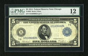 image for: Fr. 869 $5 1914 Federal Reserve Note PMG Fine 12....
