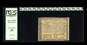 image for: Rhode Island July 2, 1780 $8 PCGS Extremely Fine 45. ...