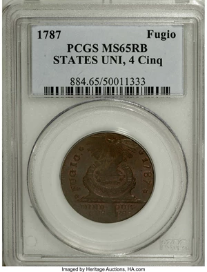 image for: 1787 1C Fugio Cent, STATES UNITED, Cinquefoils MS65 Red and Brown PCGS....