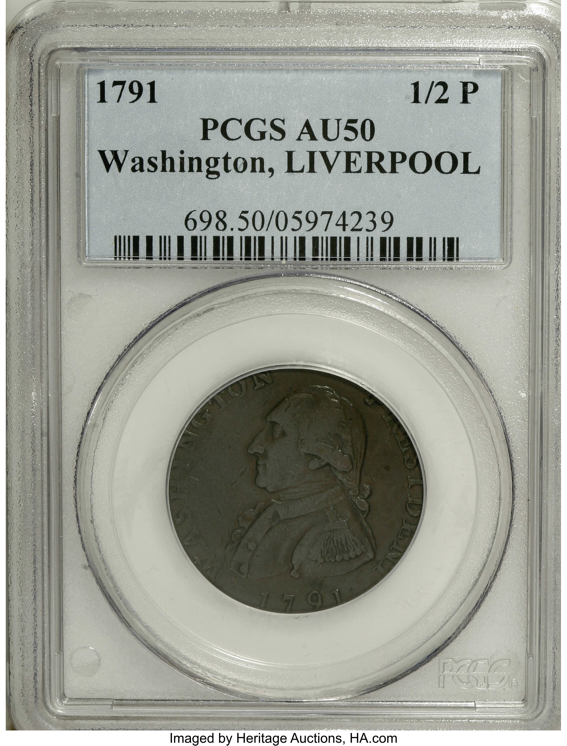 image for: 1791 1/2P Washington Liverpool Halfpenny, Copper AU50 PCGS....