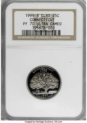 image for: 1999-S 25C Connecticut Clad PR70 Deep Cameo NGC. NGC Census: (0/0). PCGS Population (53/0). Numismedia Wsl. Price for NGC/...