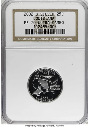 image for: 2002-S 25C Louisiana Silver PR70 Deep Cameo NGC. NGC Census: (0/0). PCGS Population (60/0). Numismedia Wsl. Price for NGC/...