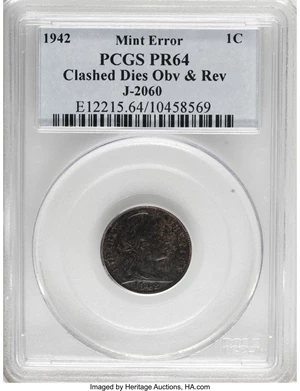 image for: 1942 One Cent, Judd-2060, Low R.7--Clashed Dies Obverse & Reverse--PR64 PCGS....