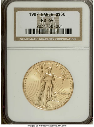image for: 1987 G$50 One-Ounce Gold Eagle MS69 NGC. NGC Census: (967/54). PCGS Population (1495/33). Mintage: 1,045,500. Numismedia Ws...
